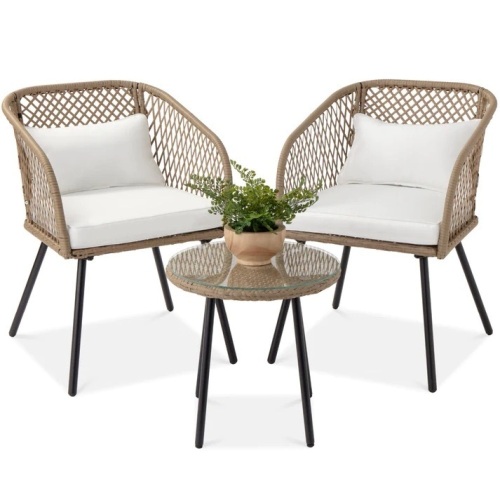 3-Piece Outdoor Diamond Weave Wicker Bistro Set w/ Tempered Glass Side Table - Lot 5652
