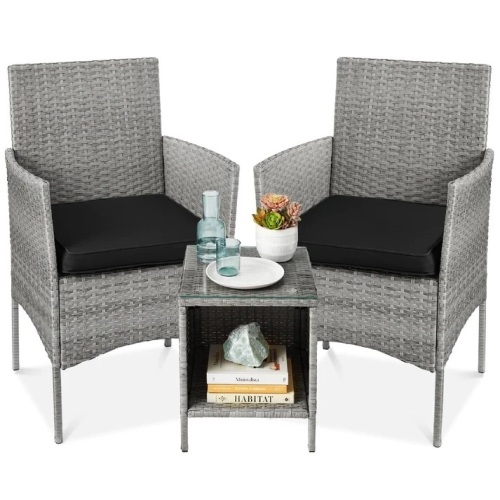 3-Piece Outdoor Patio Wicker Bistro Set w/ Side Storage Table - Lot 5659