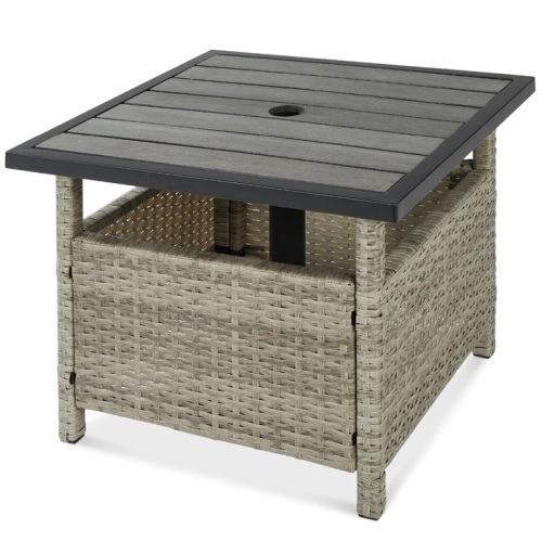 Outdoor Wicker Patio Side Table Accent Furniture w/ Umbrella Hole - Lot 5699