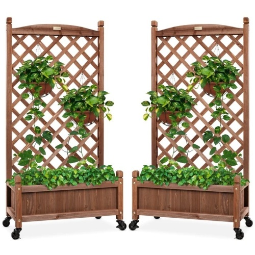Set of 2 Wood Planter Box & Lattice Trellis w/ Optional Wheels - 48in - Lot 5710