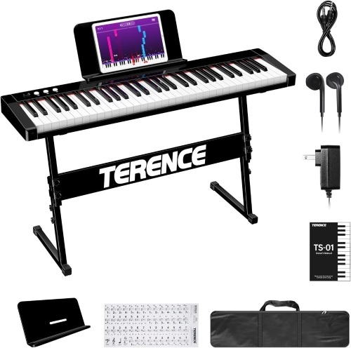 TERENCE Keyboard Piano with 61 Semi-weighted Keys & 1800mAh Battery Support MIDI USB Interface & Piano Application with Bluetooth Sheet Music Stand Sticker Bag Audio Cable Earphones - Lot 5728