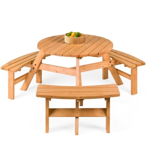6-Person Circular Wooden Picnic Table w/ Umbrella Hole, 3 Benches - Lot 5731