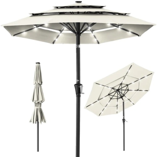 3-Tier Solar Patio Umbrella w/ LED Lights, Tilt Adjustment, Crank - 10ft - Lot 5741