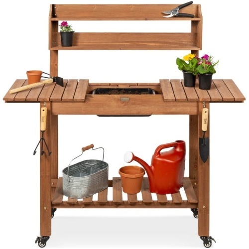 Wood Garden Potting Bench w/ Sliding Tabletop, Food Grade Dry Sink, Wheels - Lot 5749