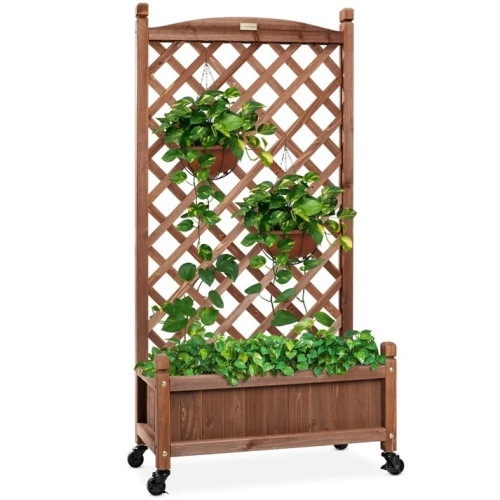 Wood Planter Box & Lattice Trellis w/ Drainage, Optional Wheels - 60in - Lot 5759