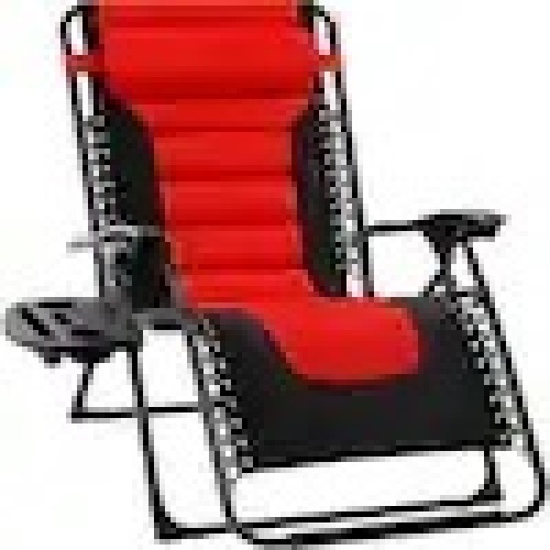 Oversized Padded Zero Gravity Red/Black Metal Reclining Outdoor Lawn Chair w/ Side Tray - Lot 5772