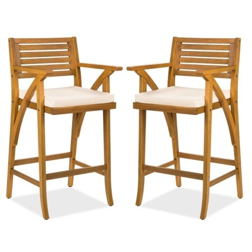 Set of 2 Outdoor Acacia Wood Bar Stools Chairs w/ Weather-Resistant Cushions - Lot 5778