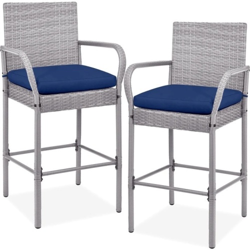 Set of 2 Indoor Outdoor Wicker Bar Stools w/ Cushion, Footrests, Armrests - Lot 5804