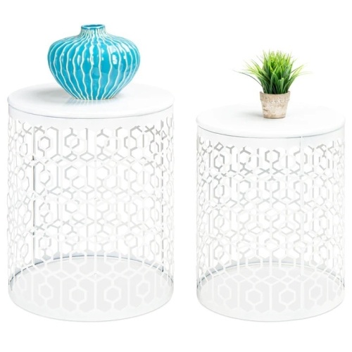 Set of 2 Decorative Round Side Accent Table Nightstands w/ Nesting Design - Lot 5821