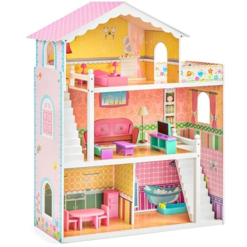 3-Story Wood Dollhouse, Large Open Mansion w/ 5 Rooms, 17 Accessories - 44in - Lot 5828