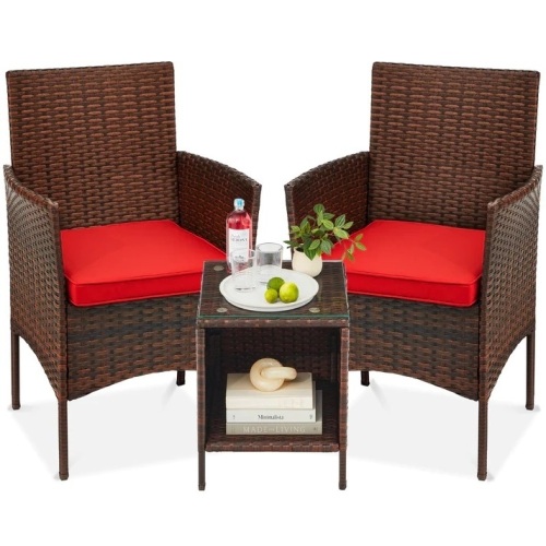 3-Piece Outdoor Patio Wicker Bistro Set w/ Side Storage Table - Lot 5833