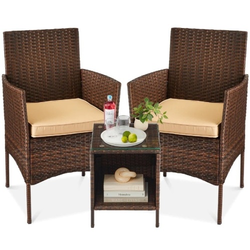 3-Piece Outdoor Patio Wicker Bistro Set w/ Side Storage Table - Lot 5838