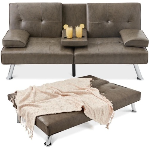 Faux Leather Upholstered Convertible Sofa Bed Futon w/ 2 Cupholders - Lot 5858