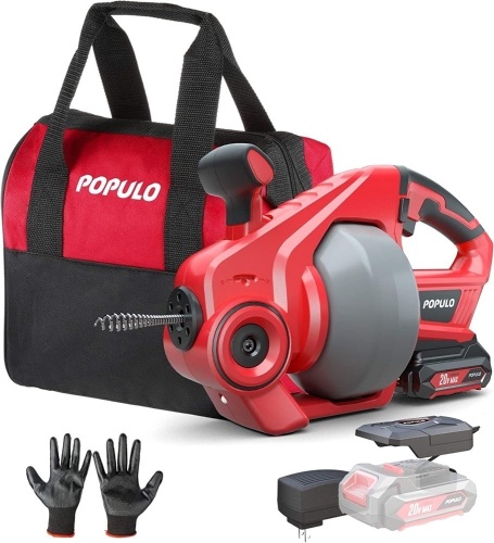 Populo Electric Drain Auger, 25ft Plumbing Snake Drain Clog Remover Tools, Cordless Drain Cleaner for Toilet, Sewer, Bathroom, Sink and Shower - Lot 5866
