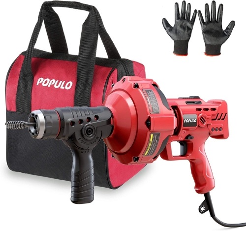 POPULO 23 Ft. Handheld Electric Drain Cleaner, Corded Operated Snake Sink Clog Pipe Cleaner Plumbing, Power Auto Feed Tube Cable, Great Drain Cleaning Tool for Toilet, Sewer, Bathtub and Kitchen Sink - Lot 1519