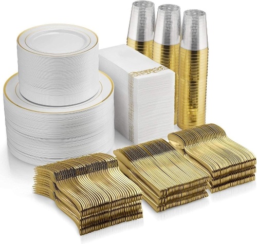 700 Piece Gold Dinnerware Set - 200 Gold Rim Plastic Plates - 300 Gold Plastic Silverware - 100 Gold Plastic Cups - 100 Linen Like Gold Paper Napkins, 100 Guest Disposable Gold Dinnerware Set - Lot 5882