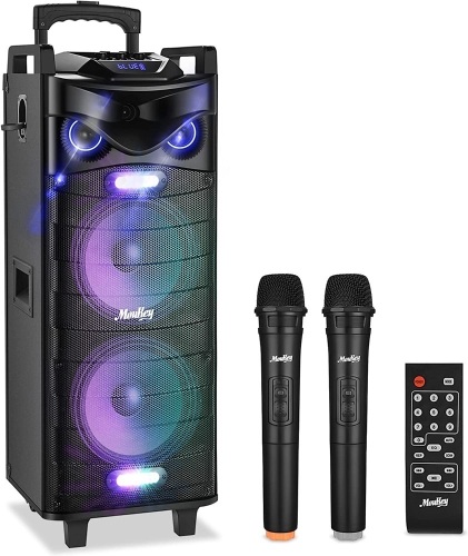Moukey Karaoke Machine, PA System Double Woofer for Party, Portable Bluetooth Speaker w/ 2 Wireless Microphone, Disco Lights and Echo/Treble/Bass Adjustment, Support TWS/REC/AUX/MP3/USB/TF/FM - Lot 5887