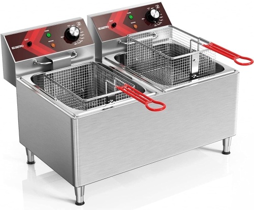 EGGKITPO Deep fryers Commercial Deep Fryer 12L x 2 Large Dual Tank Electric Deep Fryers with Basket Electric Countertop Fryer for Restaurant with 2 Frying Baskets and Lids, 1800W x 2, 120V - Lot 5890