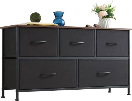 Somdot Dresser for Bedroom with 5 Drawers, Wide Storage Chest of Drawers with Removable Fabric Bins for Closet Bedside Nursery Living Room Laundry Entryway Hallway, Black/Rustic Brown - Lot 5892