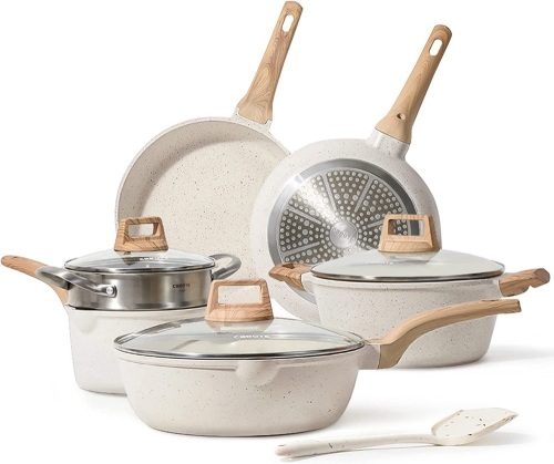 CAROTE Pots and Pans Set Nonstick, White Granite Induction Kitchen Cookware Sets, 10 Pcs Non Stick Cooking Set w/Frying Pans & Saucepans(PFOS, PFOA Free) - Lot 5856