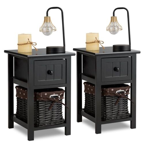 Set of 2 Mini Nightstand 2 Layer 1 Drawer Bedside End Table Wood Basket - Lot 137