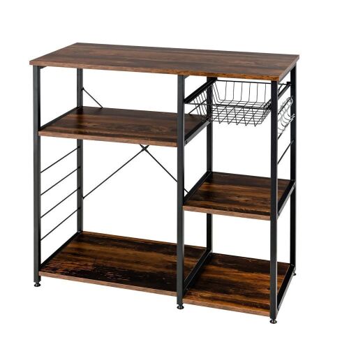 Industrial Kitchen Baker's Rack Microwave Stand Utility Home Shelf with 6-Hooks - Lot 159