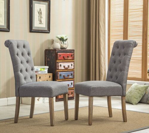Roundhill Furniture Habit Grey Solid Wood Tufted Parsons Dining Chair, Set of 2  - Lot 315