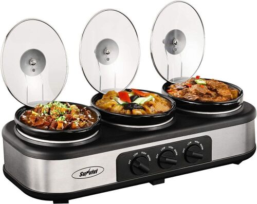 Sunvivi 3-Section 1.5-Quart Oval Slow Cooker Buffet Food Warmer, Adjustable Temp, Lid Rests, Stainless Steel, Total 4.5 QT  - Lot 263