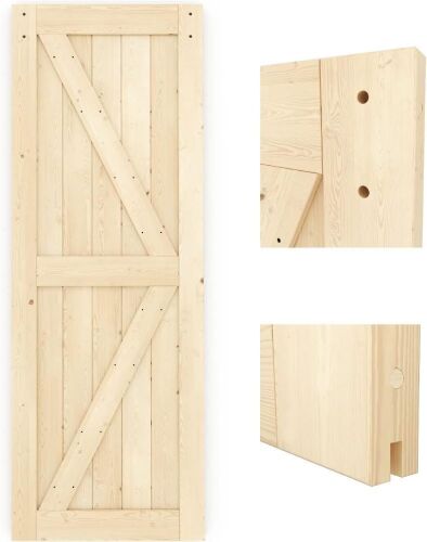 ZEKOO 24in x 84in Classic Style Sliding Barn Door Slab, Solid Spruce Wood Unfinished, Pre-Drilled - Lot 500