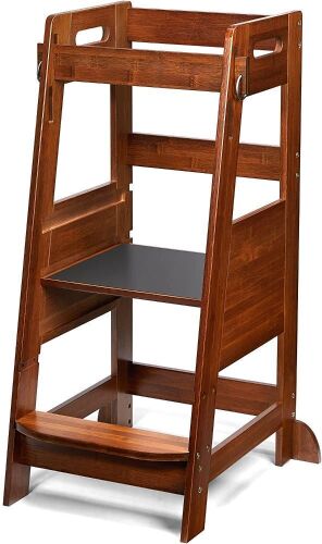 TOETOL Bamboo Toddler Kitchen Step Stool Helper Standing Tower Height Adjustable with Anti-Slip Protection - Lot 585