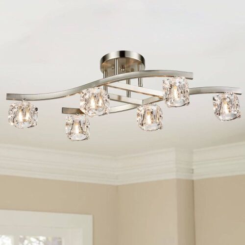 Modern Crystal Ceiling Lights Brushed Nickel-6 Light - Lot 376