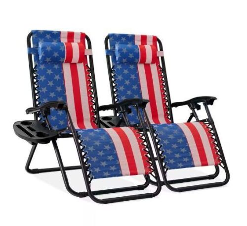 American Flag Zero Gravity Reclining Lawn Chair with Cup Holders, Set of 2  - Lot 61