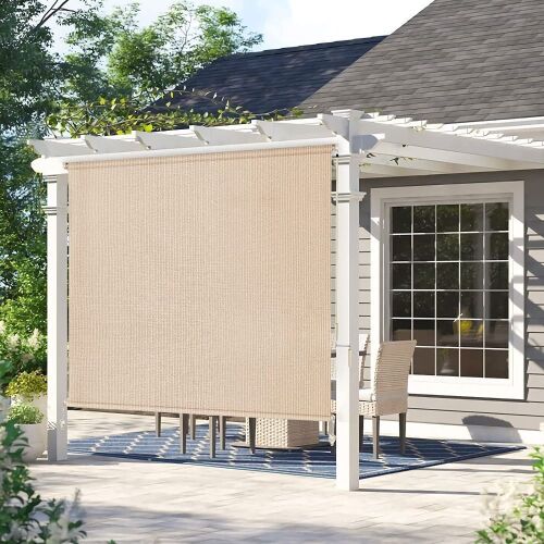 Amagenix Outdoor Roller Shades 8'(W) x 6'(H), Exterior Cordless Patio Shades Roll up Outdoor Blinds for Porch Gazebo, Pebble  - Lot 230