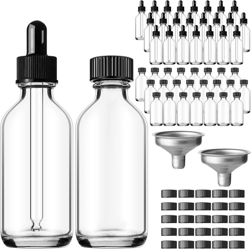 48 pk 2oz Small Clear Glass Bottles with Lids and Glass Dropper & Stainless Steel Funnel - Lot 181
