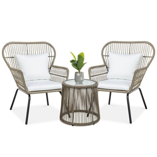 3-Piece Patio Wicker Conversation Bistro Set w/ 2 Chairs, Glass Top Table - Lot 63