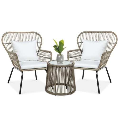 3-Piece Patio Wicker Conversation Bistro Set w/ 2 Chairs, Glass Top Table  - Lot 14