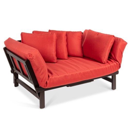 Outdoor Convertible Acacia Wood Futon Sofa w/ 4 Pillows, Removable Cushion  - Lot 81