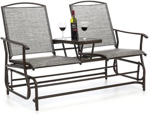 2-Person Outdoor Mesh Patio Double Glider w/Tempered Glass Attached Table  - Lot 20
