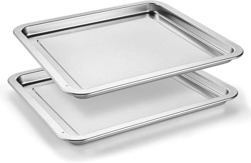 Baking Sheet Set of 2, Stainless Steel Cookie Tray for Cooking, Rectangle Size 12.6L x 11.4W 0.9H inches, Heavy Duty & Mirror Finish Easy Clean - Lot 1505