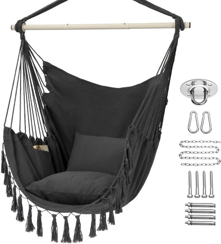 Y- Stop Hammock Chair Hanging Rope Swing, Max 500 Lbs, 2 Cushions Included, Large Macrame Hanging Chair with Pocket for Superior Comfort, with Hardware Kit (Dark Grey) - Lot 1512
