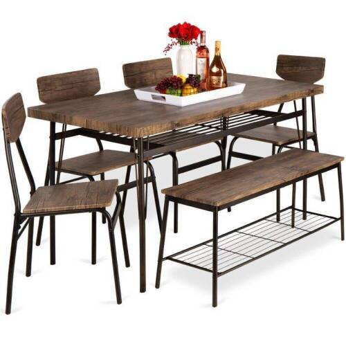 6-Piece Modern Dining Set w/ Storage Racks, Table, Bench, 4 Chairs - 55in  - Lot 84
