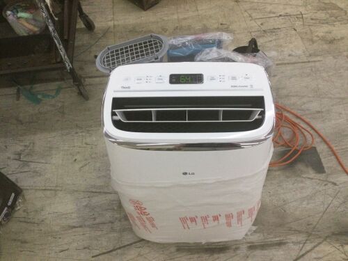 LG 14,000 BTU (10,000 BTU, DOE) Portable Air Conditioner, Dual Inverter, Quiet, Energy Eff, Wi-Fi with LCD Remote - Broken Drain Plug  - Lot 219