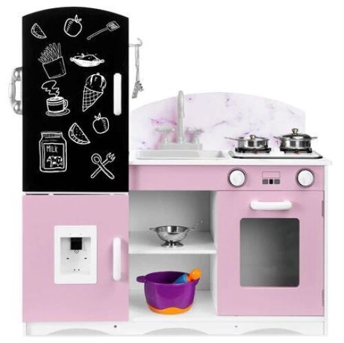 Wooden Pretend Play Kitchen Toy Set for Kids w/ Chalkboard, Marble Backdrop, 7 Accessories - Pink - Lot 253