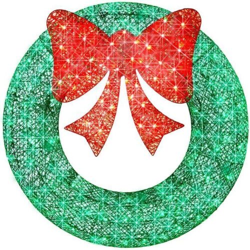 Pre-Lit Outdoor Christmas Wreath, LED Metal Holiday Decor w/ Bow - 48in  - Lot 479
