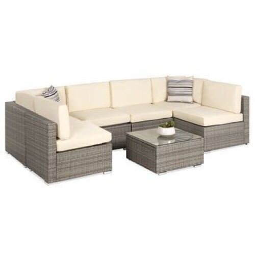 7-Piece Modular Wicker Sectional Conversation Set w/ 2 Pillows, Cover  - Lot 189