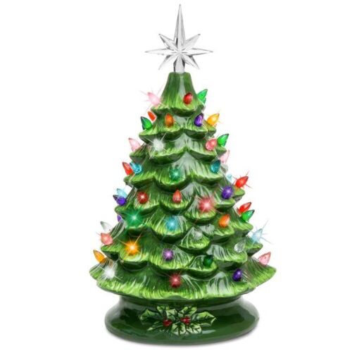 15in Pre-lit Hand-Painted Ceramic Tabletop Christmas Tree Holiday Decoration w/ 64 Multicolored Lights - Lot 526