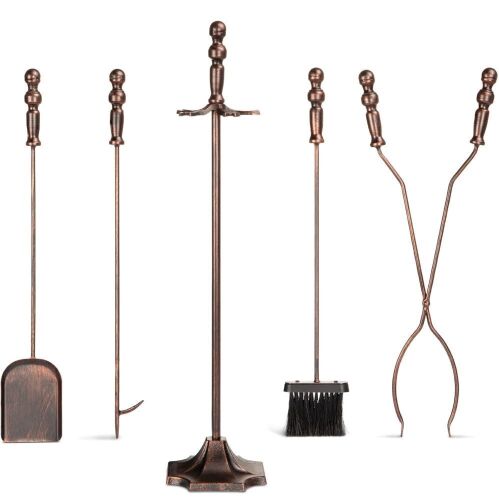 5-Piece Rustic Iron Indoor Outdoor Fireplace and Firepit Tool Set w/ Stand  - Lot 674