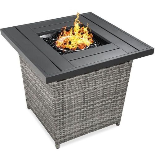 28in Fire Pit Table 50,000 BTU Wicker Propane w/ Faux Wood Tabletop, Cover  - Lot 272