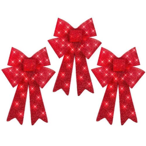 Set of 3 Pre-Lit Christmas Bow Decoration, LED Holiday Decor w/ 8 Functions  - Lot 718