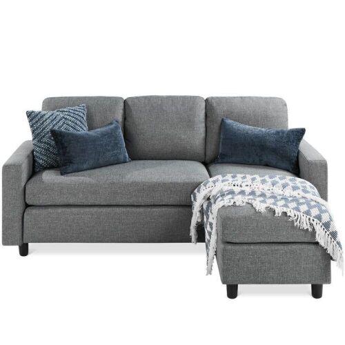 Linen Sectional Sofa Couch w/ Chaise Lounge, Reversible Ottoman Bench  - Lot 27